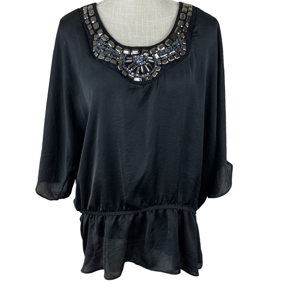 Elementz Blouse Womens 3X Black Embellished‎ Neckline Cold Shoulder Peplum Chic